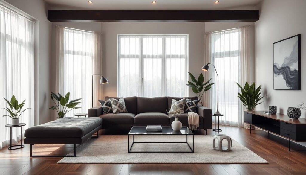 contemporary living room with brown sofa